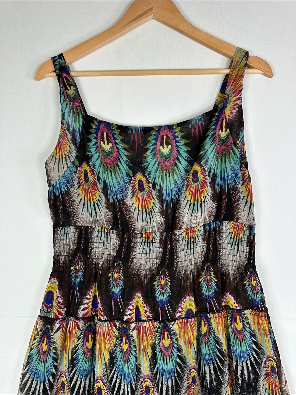 Peacock Feather Print Tiered Midi Dress Multicolor Ruched Back Wide Strap Boho - Picture 2 of 7